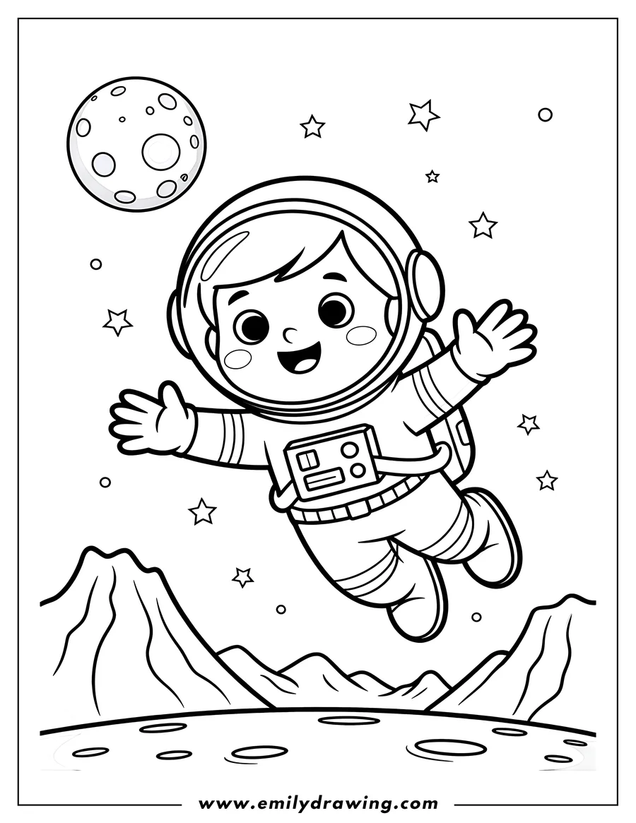 Line art of an astronaut floating in space, waving at the moon and stars, with a lunar landscape below.