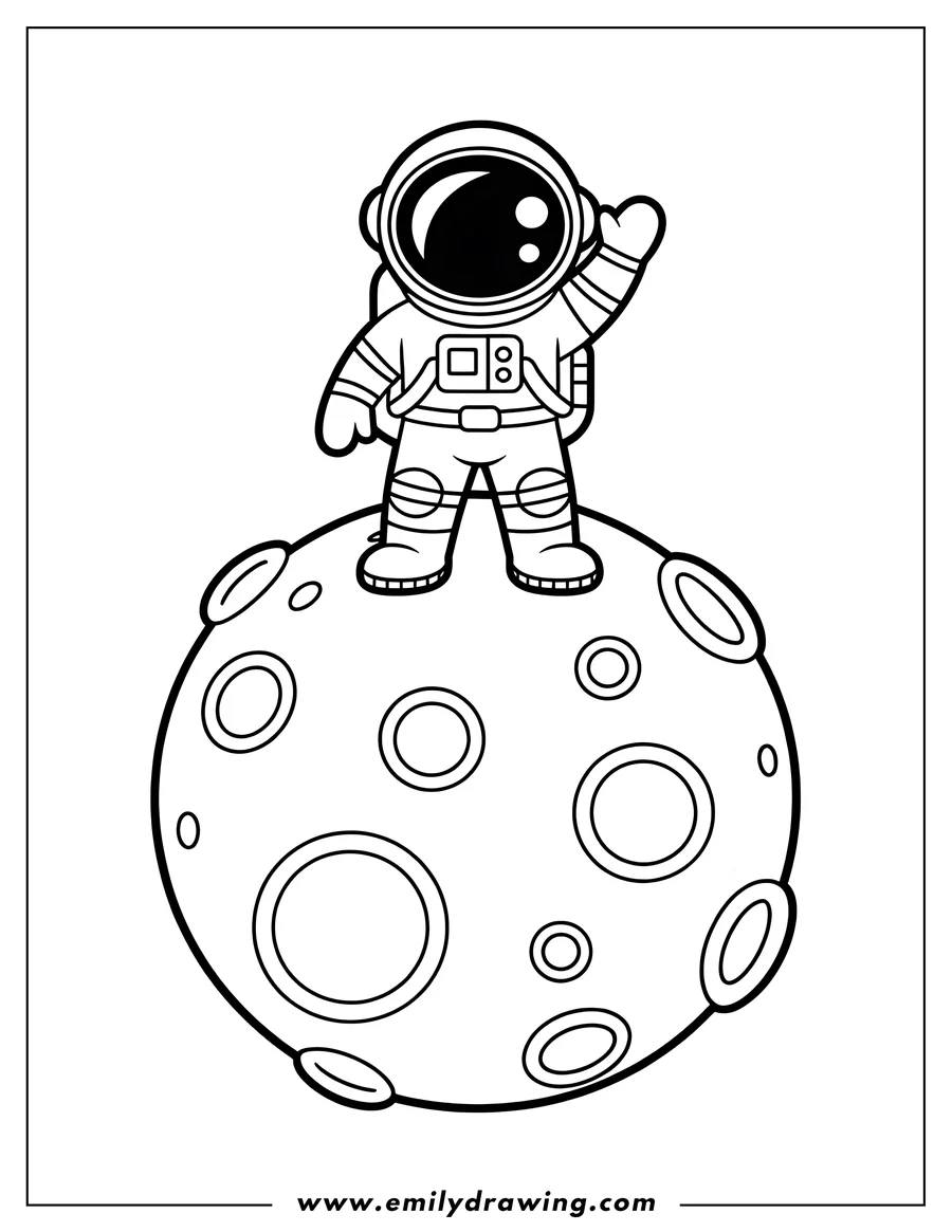 Outline of an astronaut standing on the moon, waving.