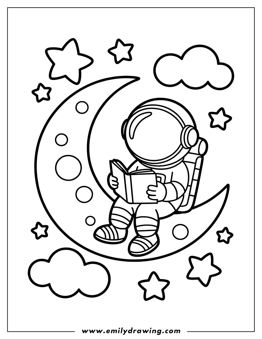 Outline of an astronaut sitting on the crescent moon reading a book. Stars and clouds decorate the background.