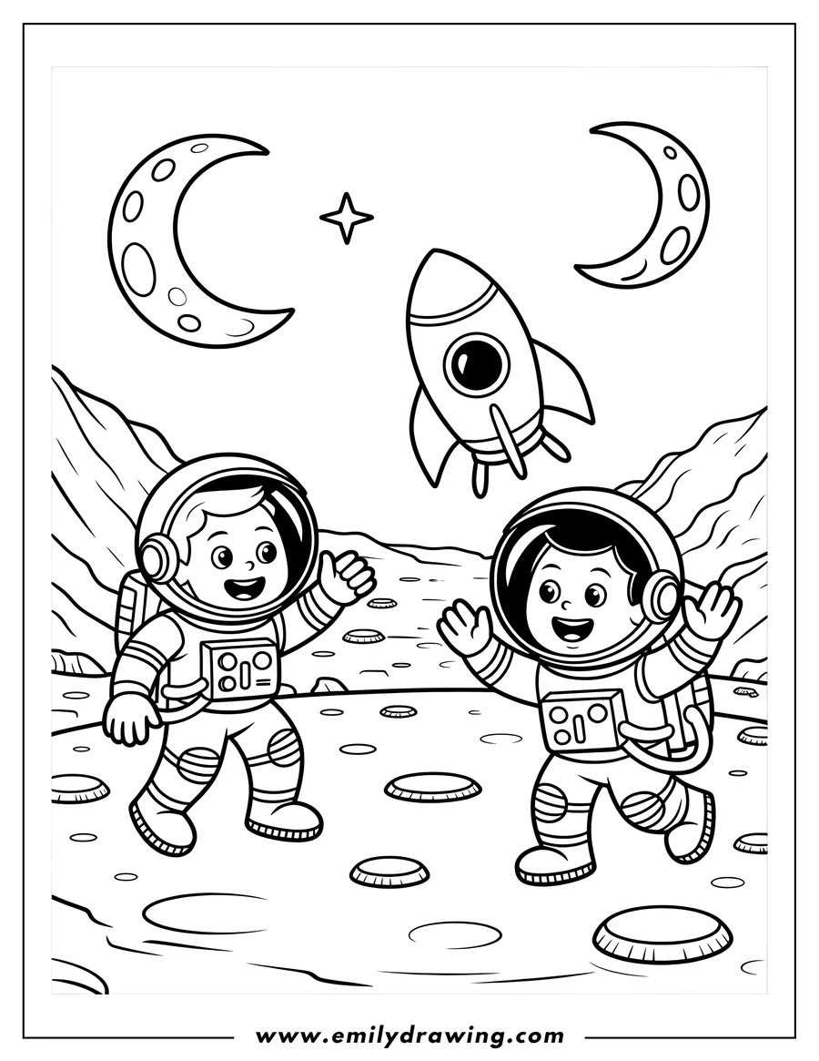 Two astronauts exploring the moon with a rocket ship flying overhead. The surface of the moon is covered in craters. Two crescent moons and a star are visible in the sky.