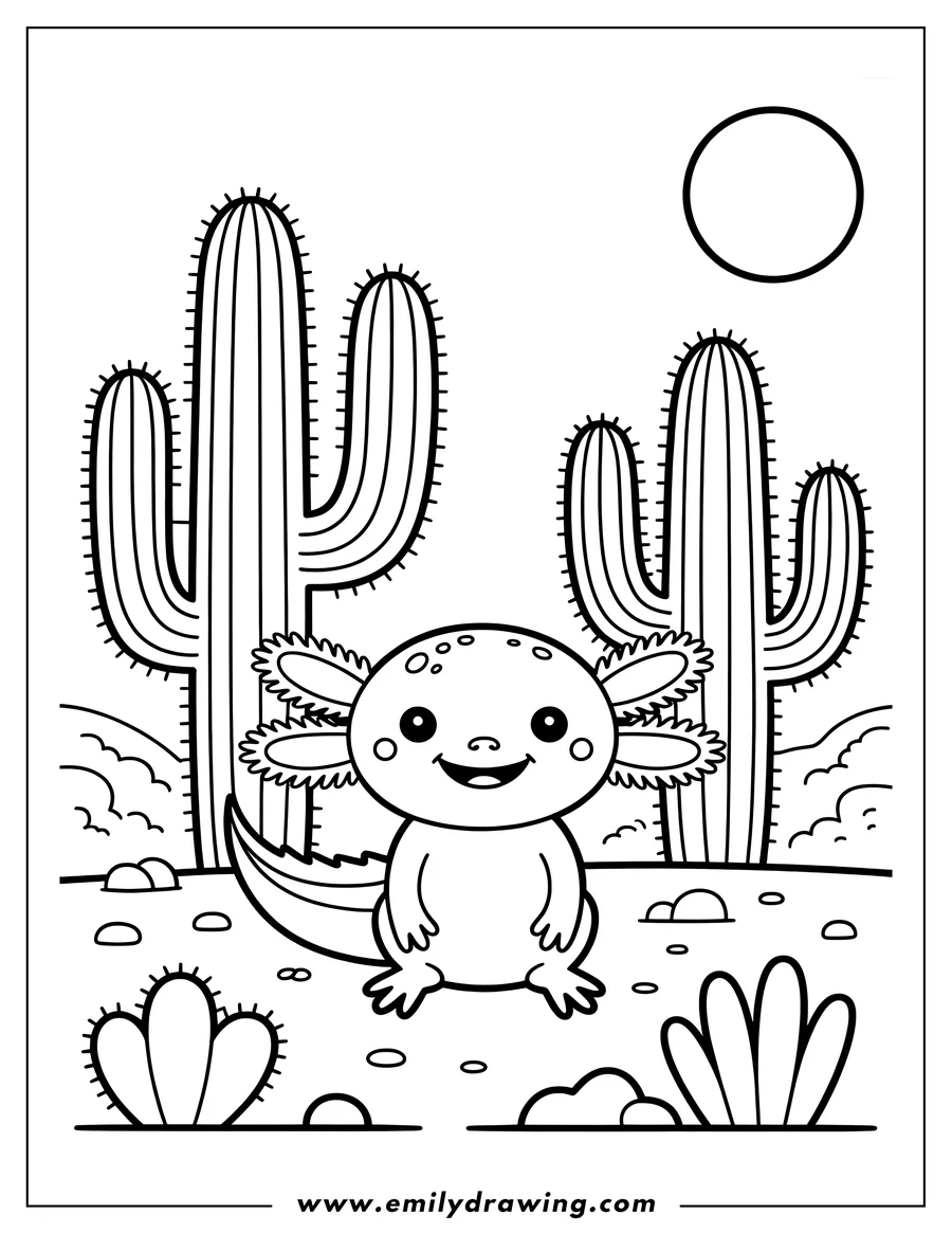 Line art of an axolotl in a desert setting, with cacti and a small plant in the foreground. The sun shines overhead.