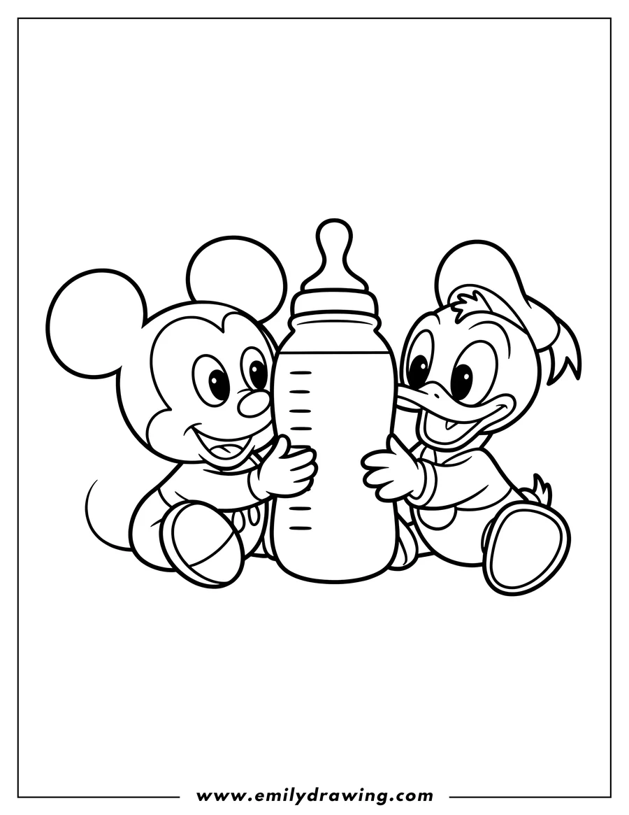 Outline of baby Mickey Mouse and baby Donald Duck sitting together and holding a large baby bottle.