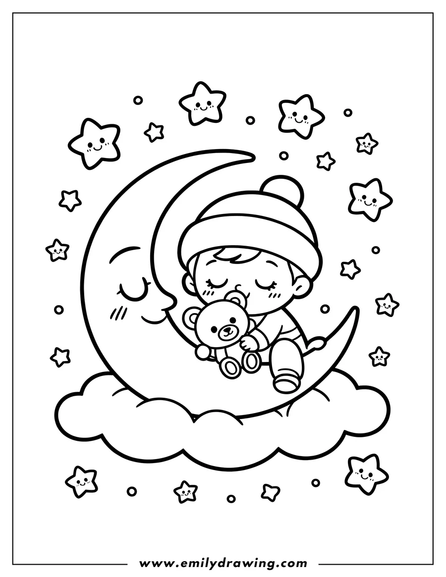 Outline of a baby sleeping peacefully on a crescent moon, cuddling a teddy bear, surrounded by smiling stars.