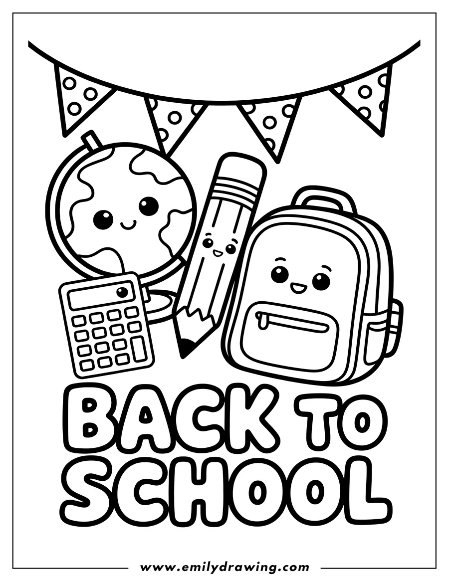 Line art of back to school supplies, featuring a globe, pencil, backpack, and calculator, with party banners at the top and