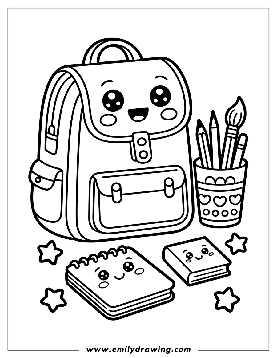 Line art of a smiling backpack surrounded by school supplies: a notebook, a book, and a cup with pens and a paintbrush. Stars are scattered around the supplies.