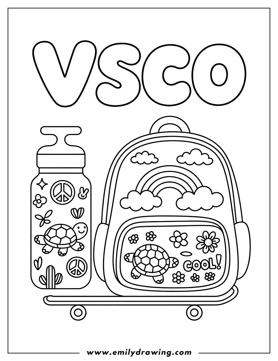 Line art of a backpack and water bottle sitting on a skateboard. The backpack and water bottle are decorated with turtles, rainbows, flowers and peace signs.