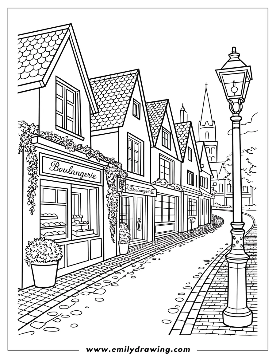 Line art of a charming city street with a bakery, houses, and a lamppost, ready to be colored in.