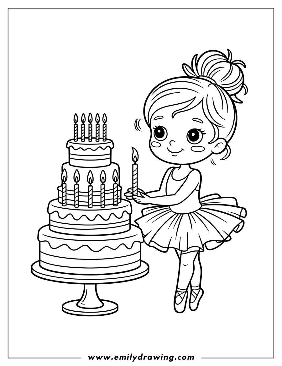 Outline of a ballerina in a tutu holding a lit candle next to a three-tiered birthday cake with candles.