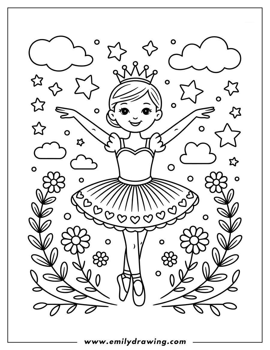 Outline of a ballerina wearing a crown, tutu, and ballet shoes, surrounded by stars, clouds, and flowers.