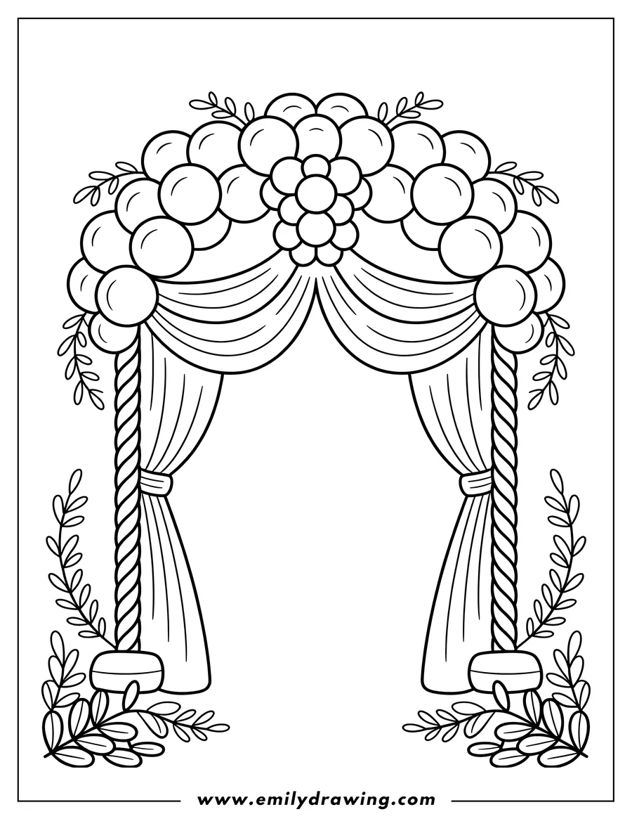 Outline of a festive balloon arch with draped curtains and decorative ropes.