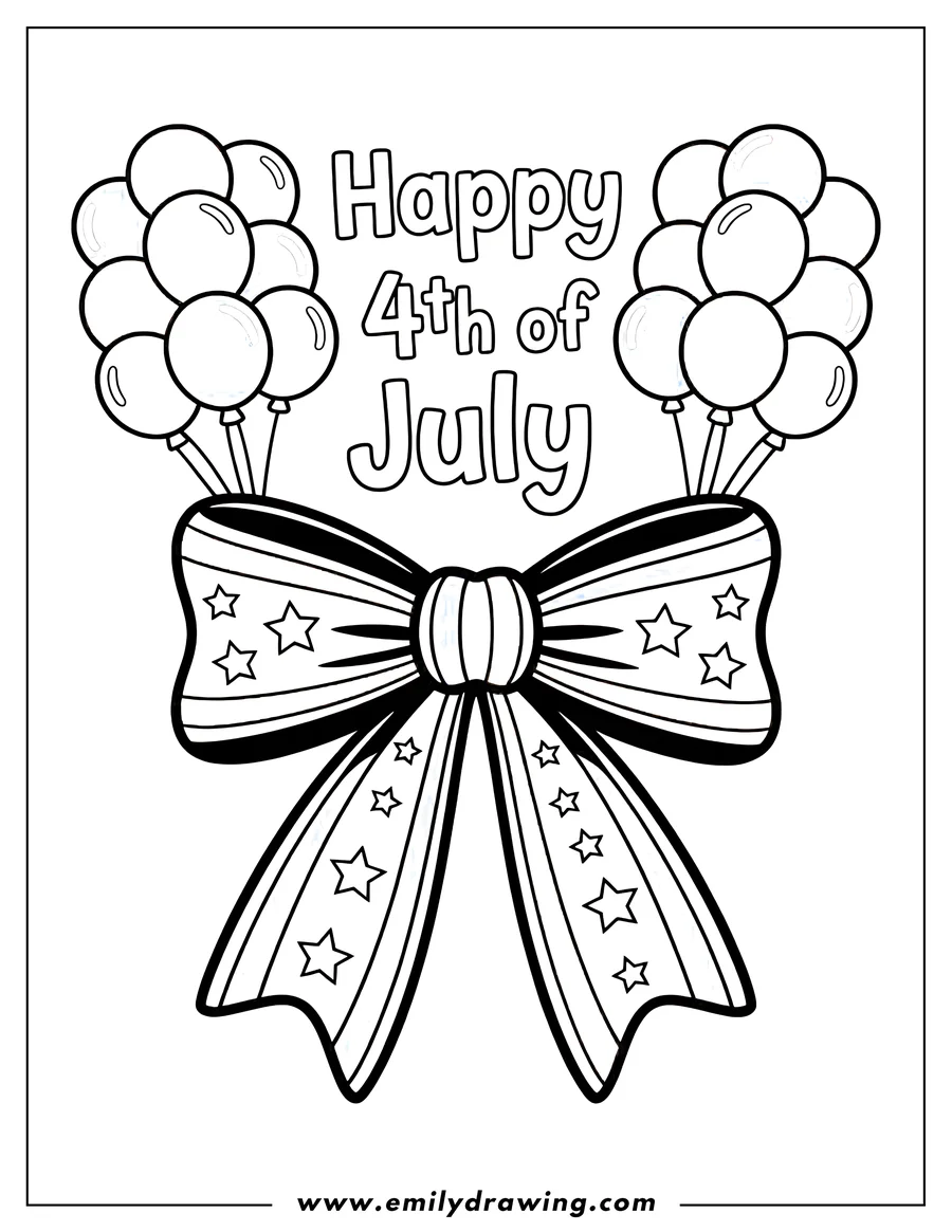 Outline of balloons tied to a large bow with stars and stripes, with 