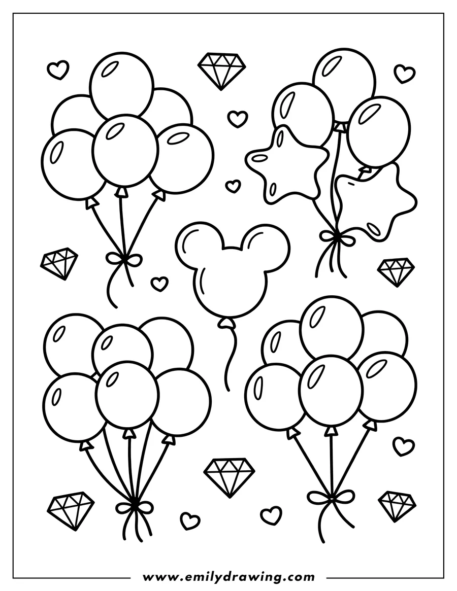 Outline of various balloon shapes, including round, star-shaped, and a Mickey Mouse head balloon, along with diamonds and hearts scattered around them.