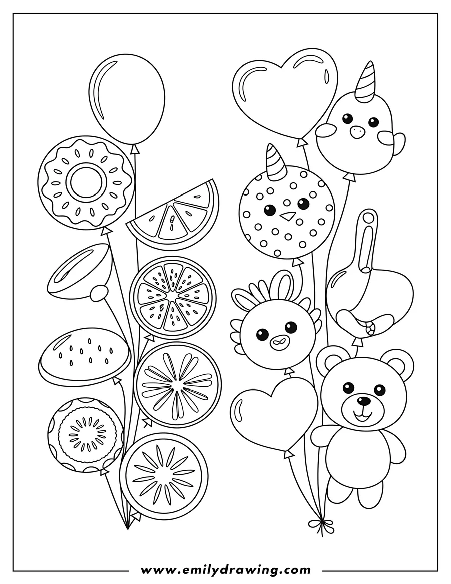 Line art of various balloons, some shaped like hearts and fruits, alongside a teddy bear balloon.