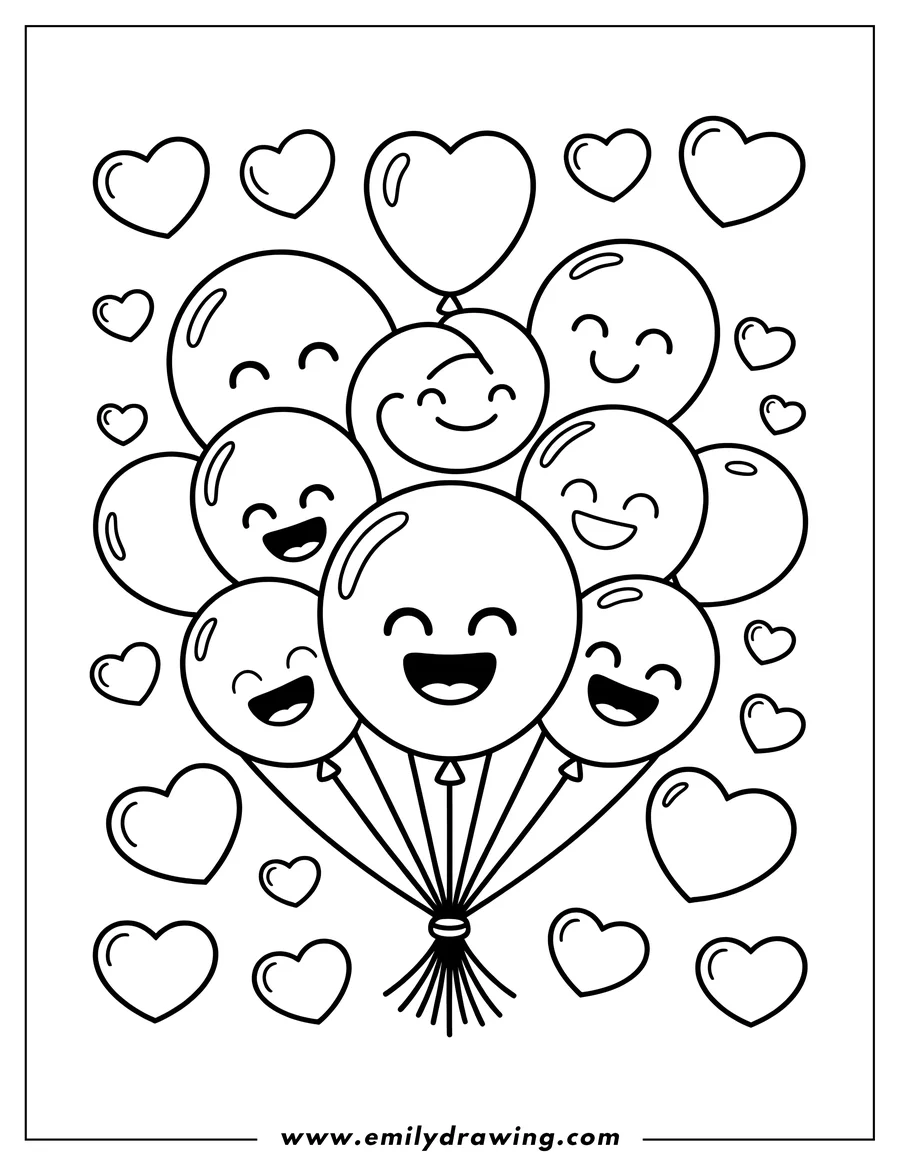 Line art of a bunch of happy balloons surrounded by hearts.
