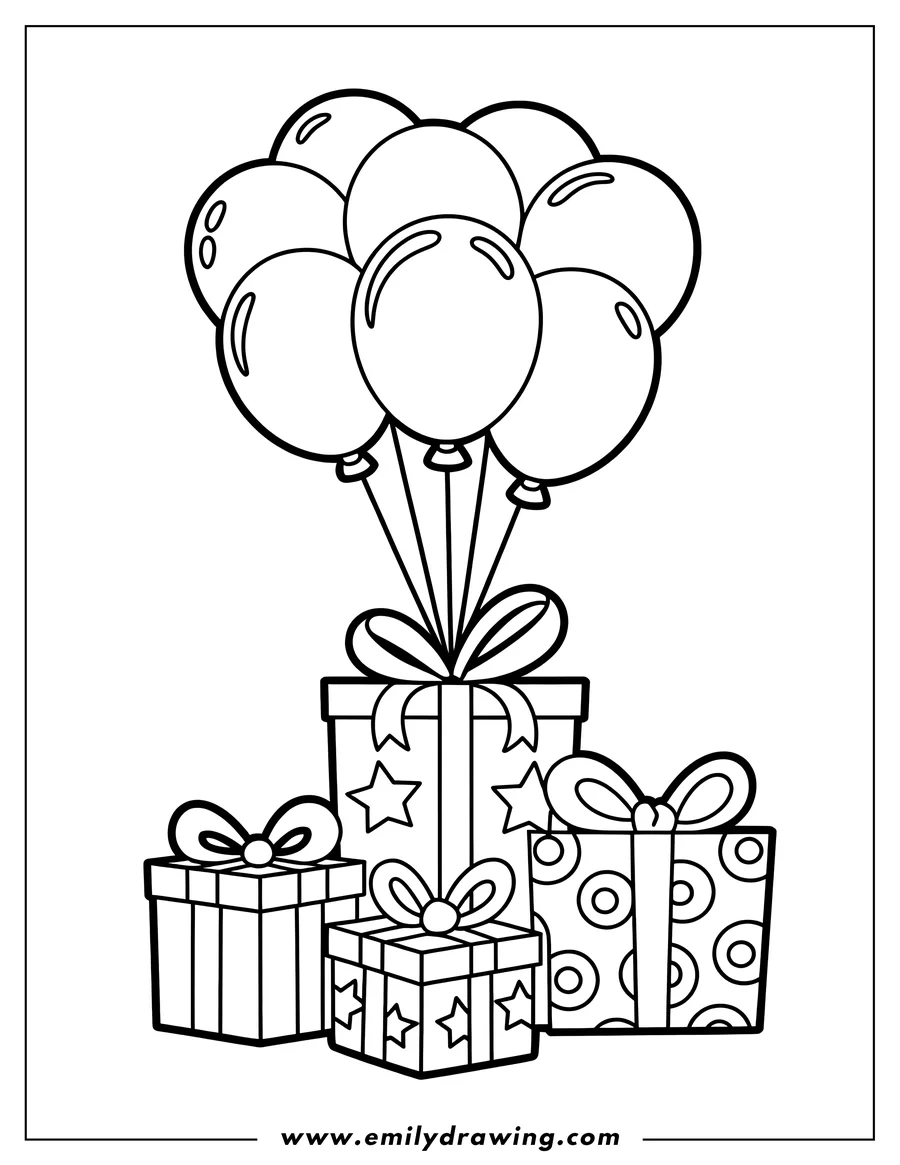 Outline of a bunch of balloons tied to three presents with decorative bows, stars, and circles.