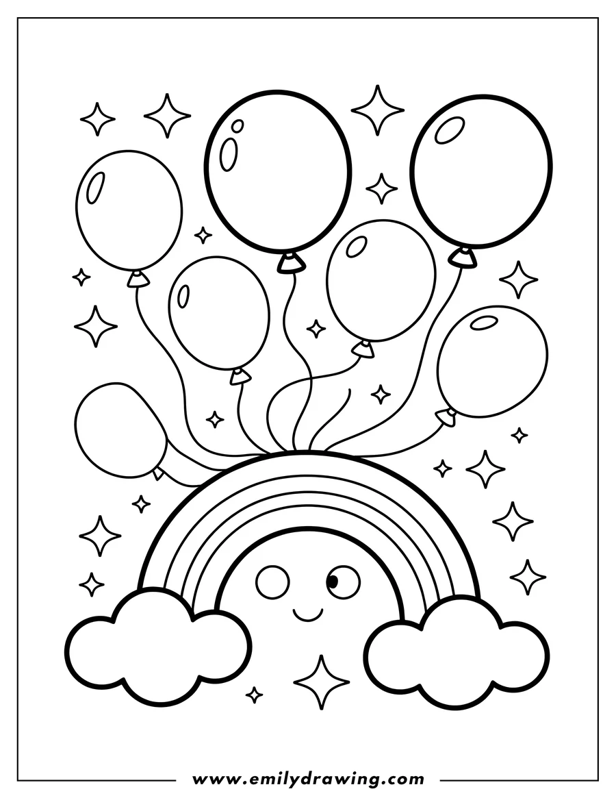 Outline of a cluster of balloons floating above a smiling rainbow with clouds and sparkles.