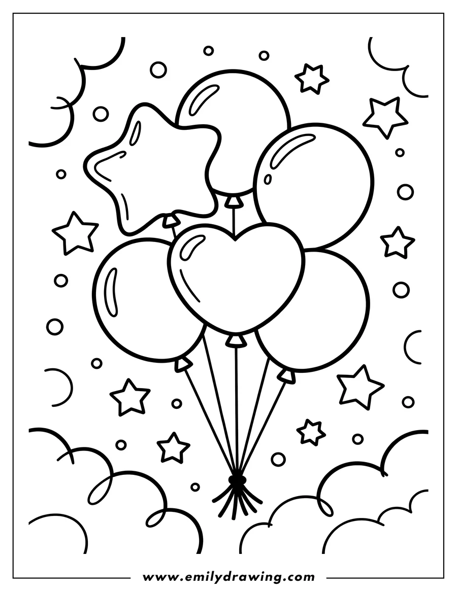 Outline of a group of balloons, including a heart-shaped and star-shaped balloon, floating among stars.