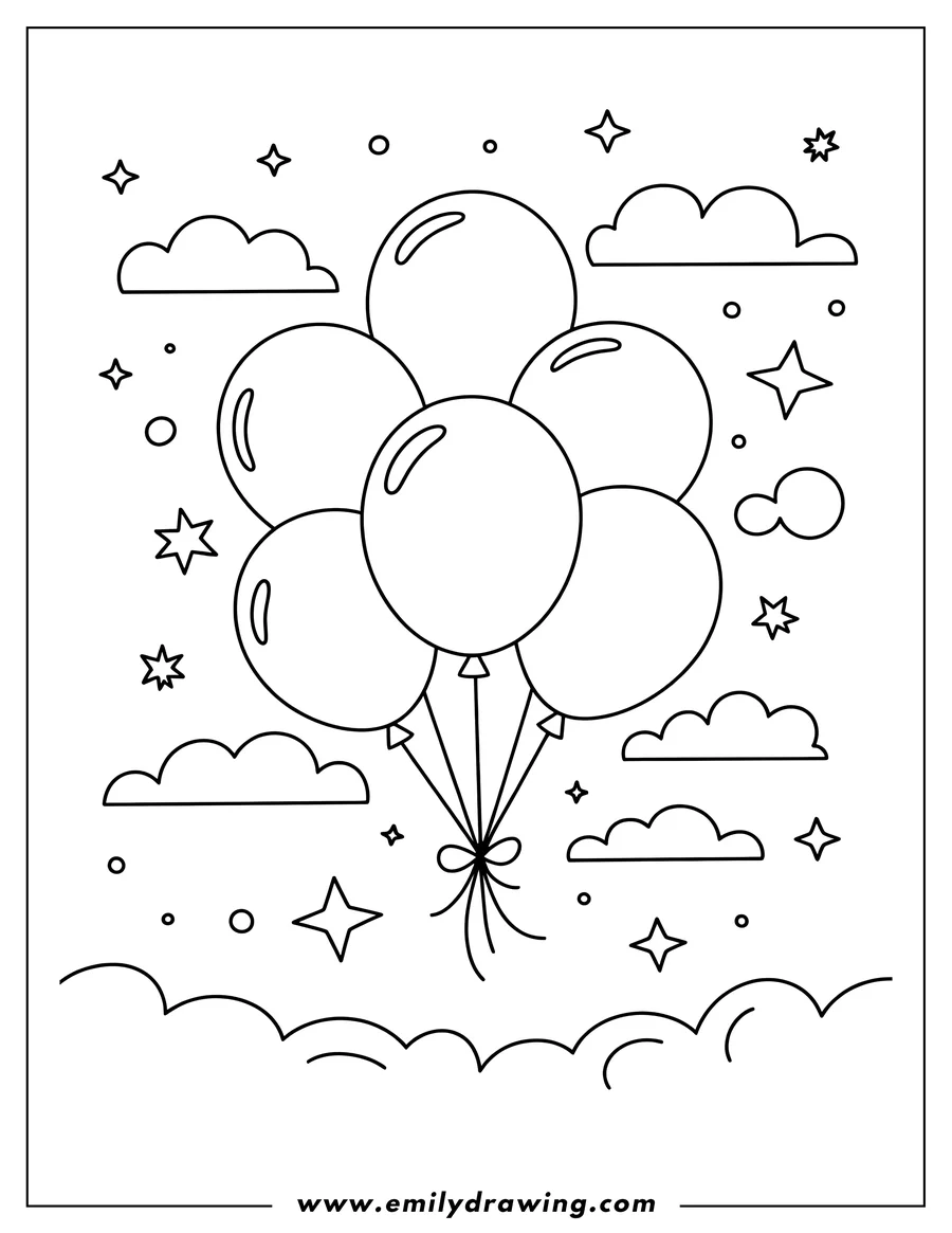 Outline of a bunch of balloons floating in the sky amongst clouds and stars.