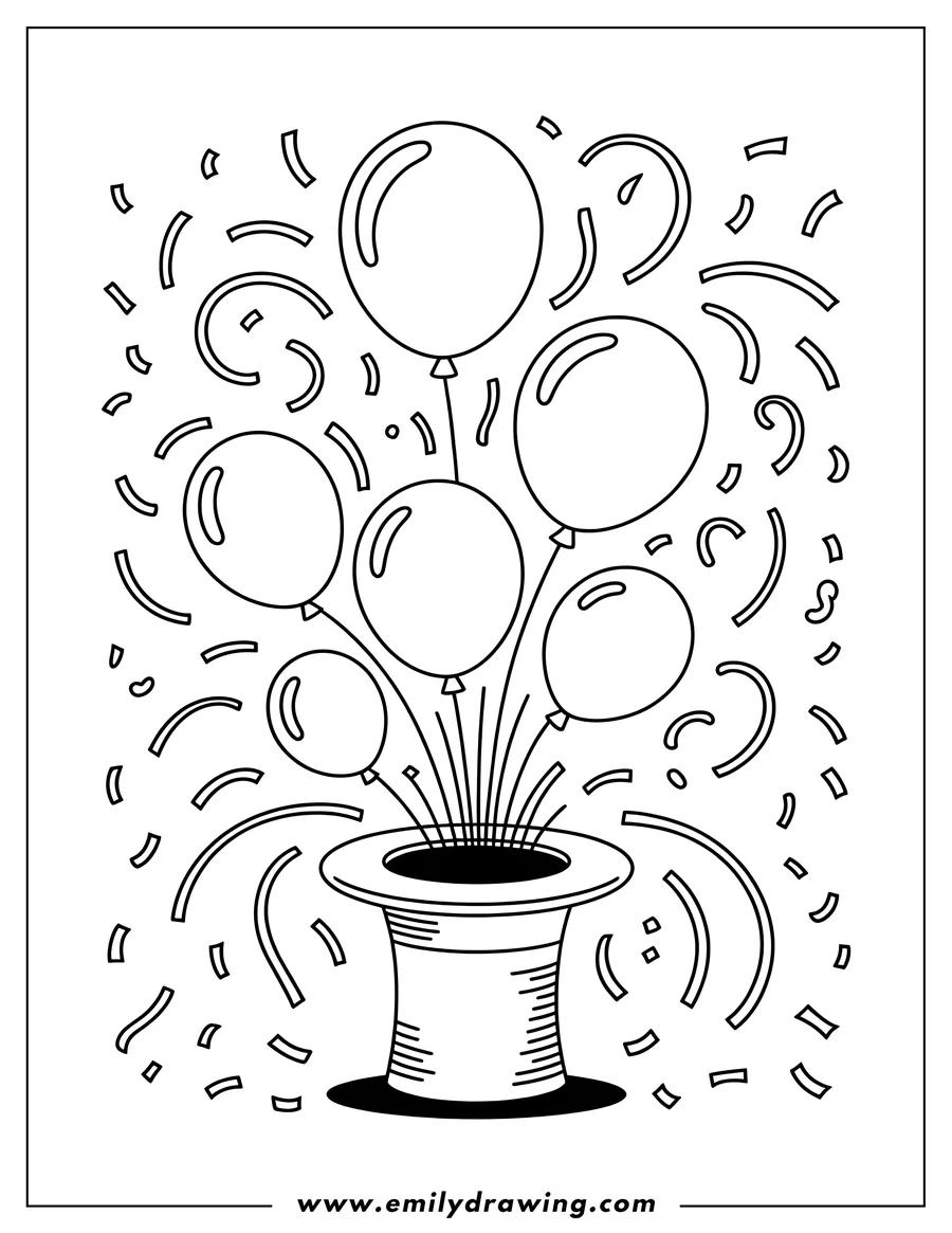 Line art of several balloons emerging from a top hat, surrounded by confetti.