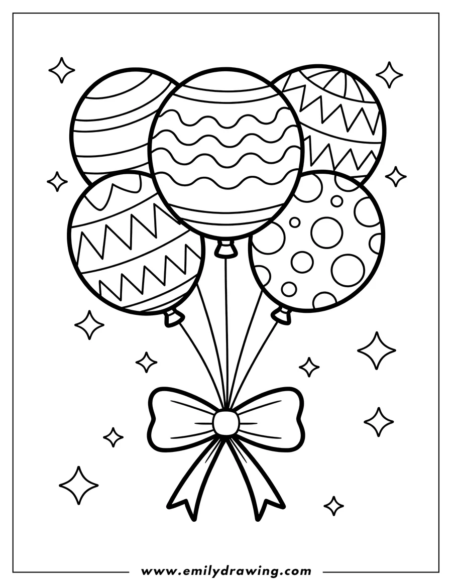 Outline of five balloons with various patterns tied together with a bow. Little stars decorate the background.