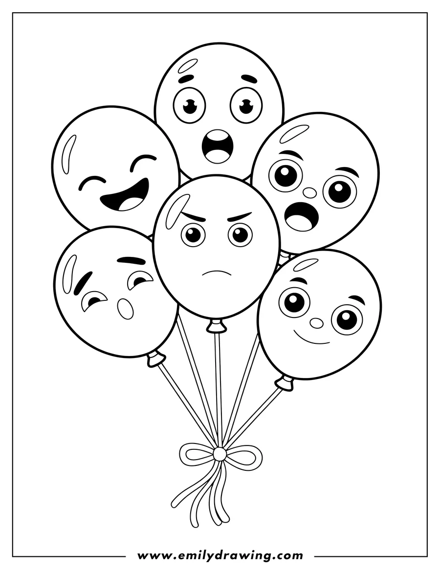 Line art of a bunch of balloons, each with a different funny face expression, tied together with a ribbon.