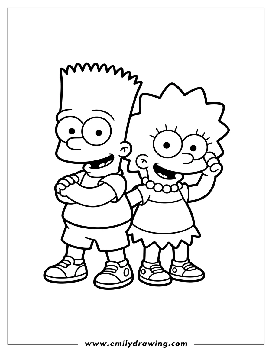 Line art of Bart and Lisa Simpson from The Simpsons, ready to be colored in.
