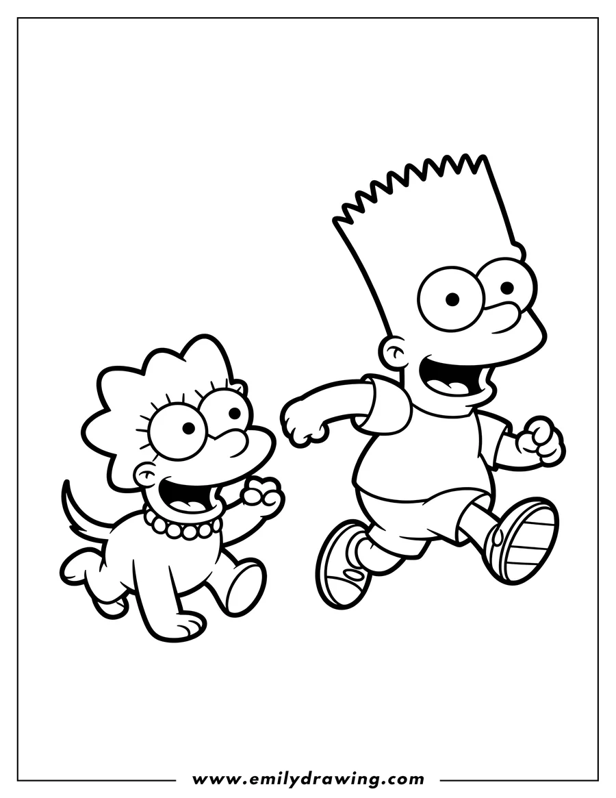 Line art of Bart and Maggie Simpson running. Maggie wears a beaded necklace and Bart wears a t-shirt and shorts.