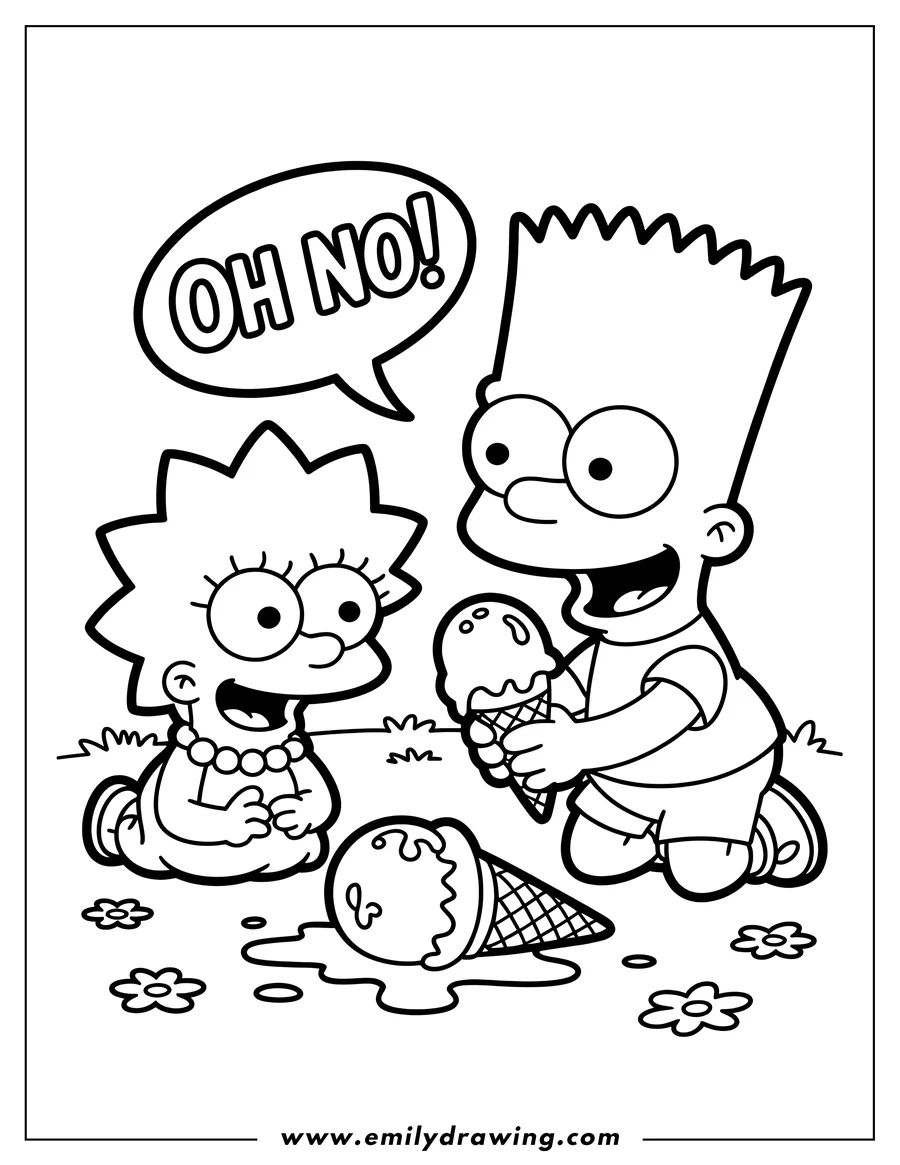 Line art of Bart Simpson holding an ice cream cone, Maggie Simpson sitting sadly next to a dropped ice cream cone, and a speech bubble that says 