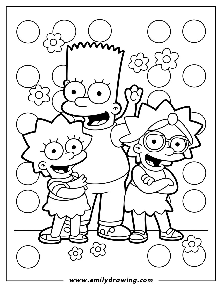 Line art of Bart, Lisa, and Maggie Simpson from the Simpsons television show. They are standing and smiling.