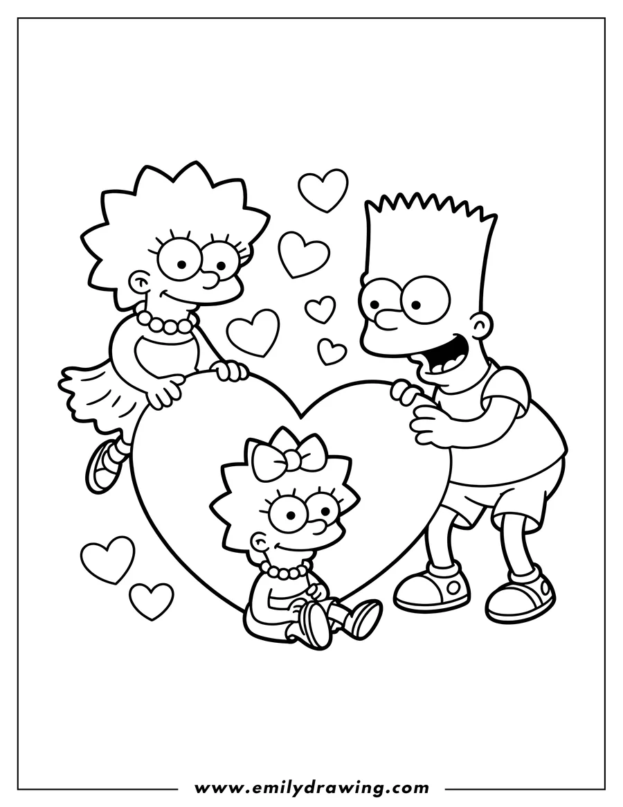 Outline of Bart, Lisa, and Maggie Simpson with a large heart and small hearts floating around them.
