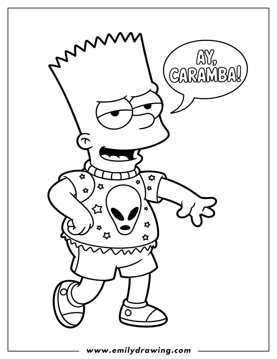 Line art of Bart Simpson, wearing an alien shirt and saying 