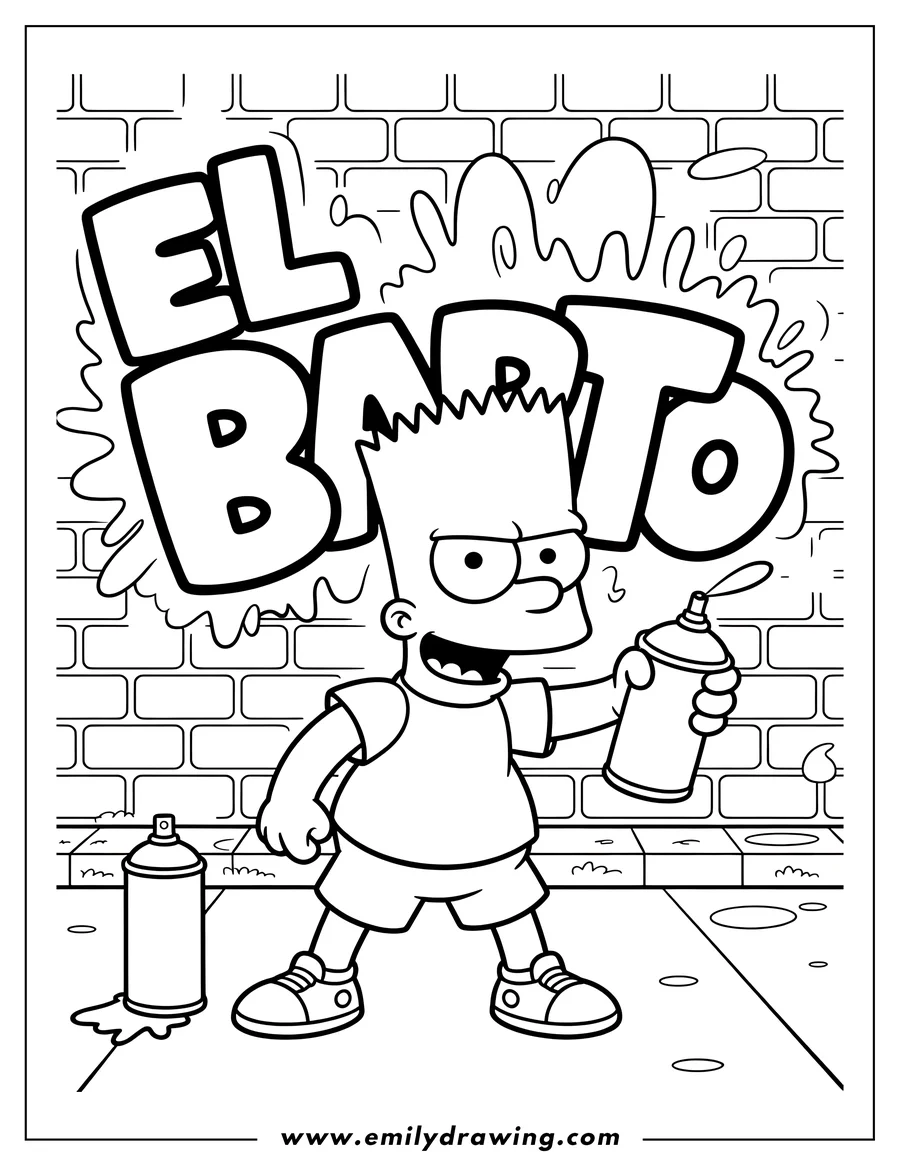 Line art of Bart Simpson holding a spray paint can in front of a brick wall with graffiti.