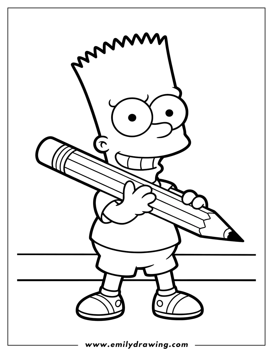 Line art of Bart Simpson from The Simpsons holding a large pencil, ready for coloring.