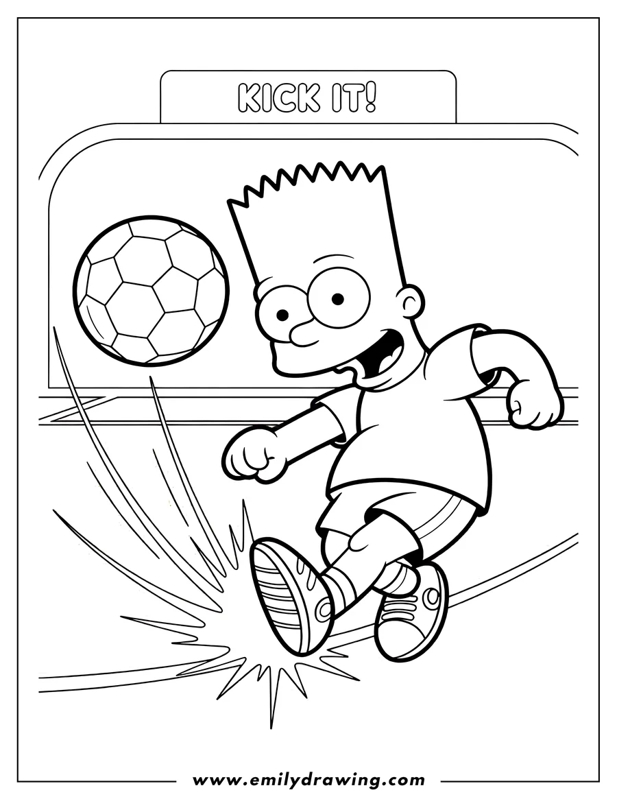 Line art of Bart Simpson from The Simpsons kicking a soccer ball. He's wearing a t-shirt, shorts, and sneakers, and a soccer ball is near the goal.