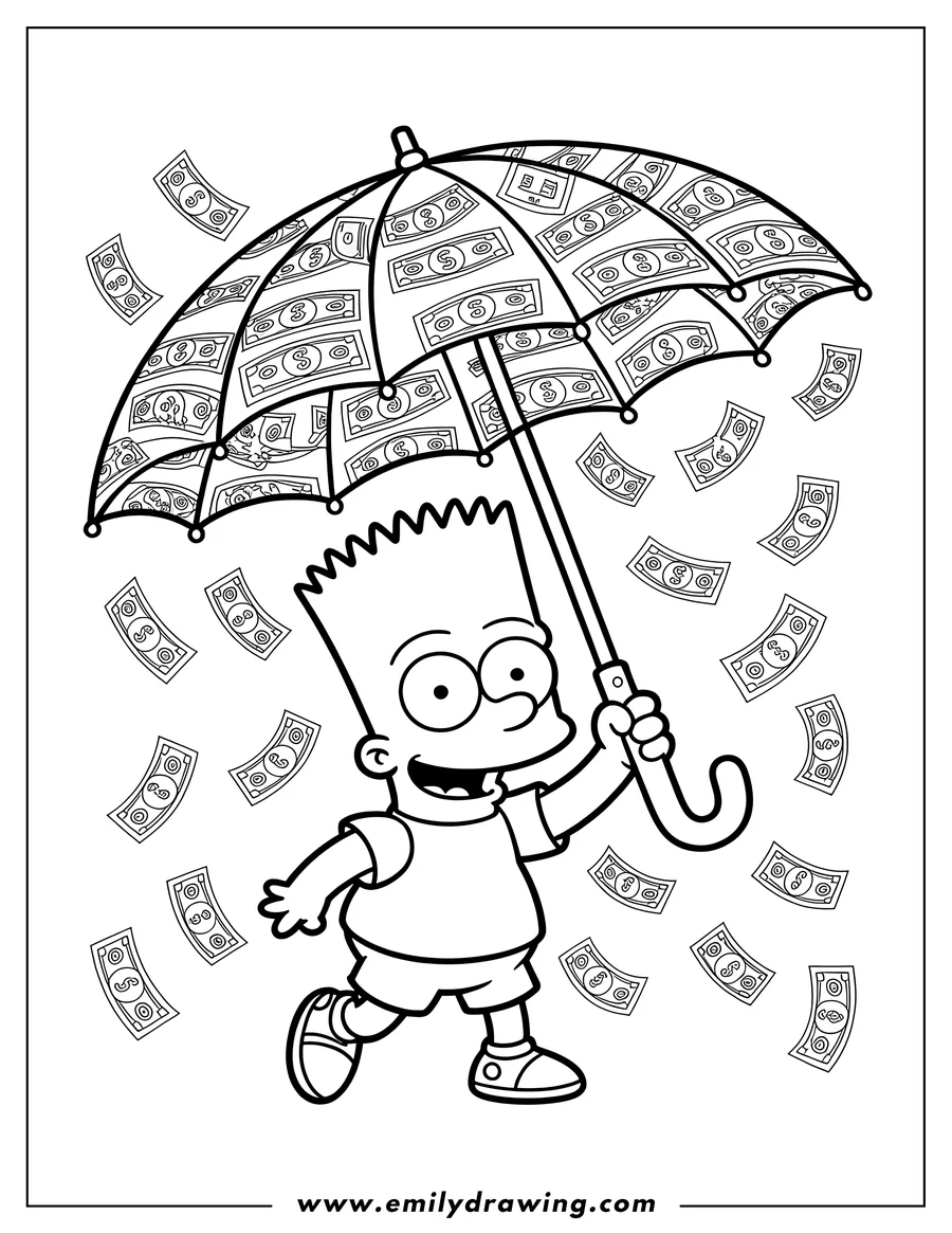 Line art of Bart Simpson holding an umbrella covered in dollar bills, with more money falling around him.