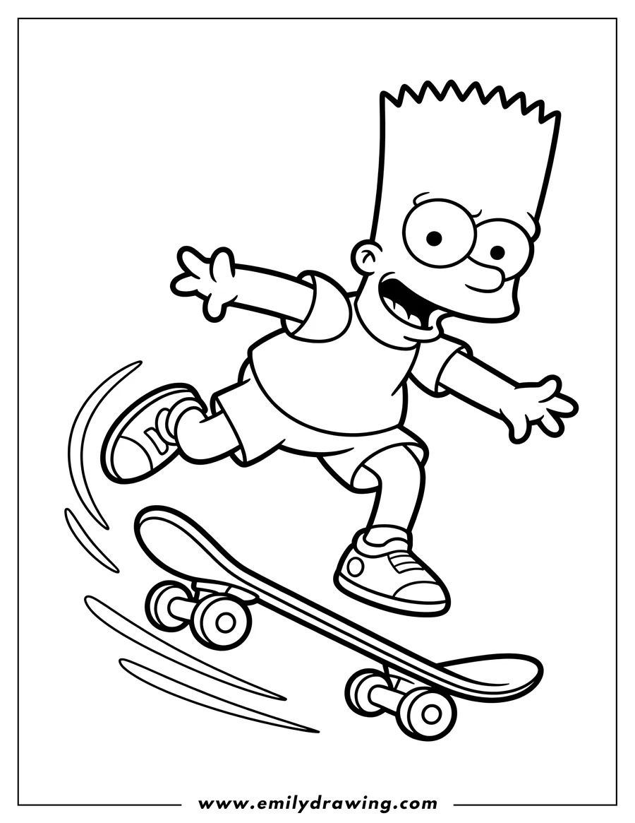 Line art of Bart Simpson riding a skateboard with a look of excitement.