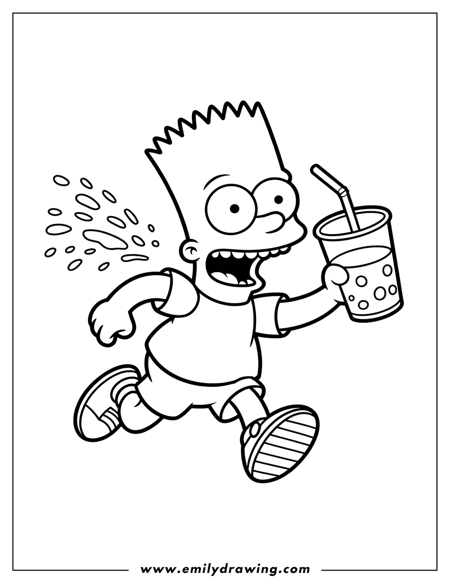 Line art of Bart Simpson running with a cup of soda. He's wearing a t-shirt and shorts with sneakers.