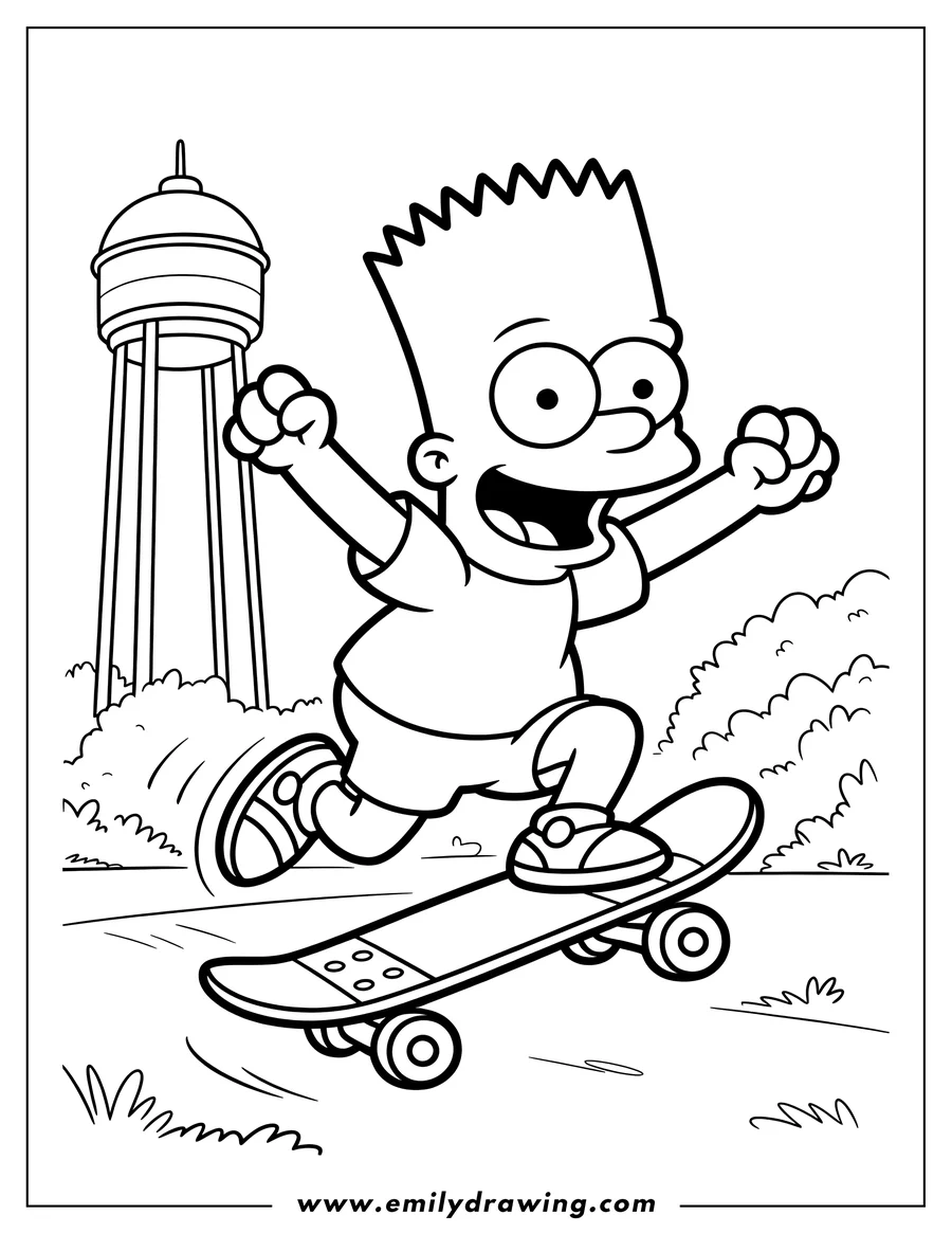 Line art of Bart Simpson skateboarding near a water tower.