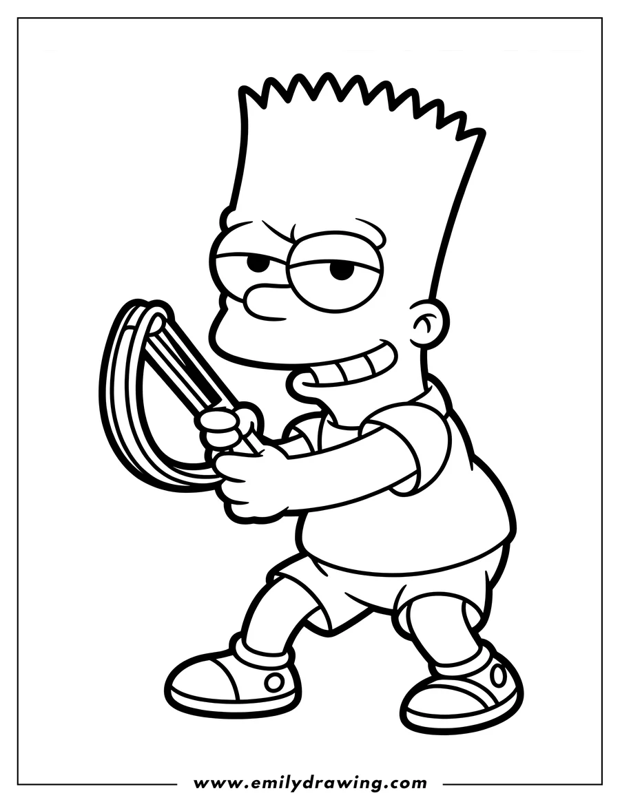 Line art of Bart Simpson holding a slingshot with a mischievous expression