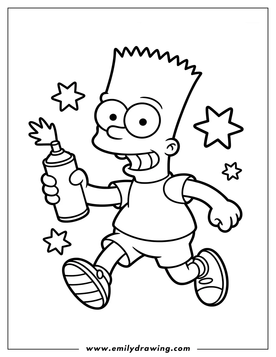 Outline of Bart Simpson from The Simpsons, holding a spray can and running. Stars surround him, suggesting playful mischief or artistic expression.