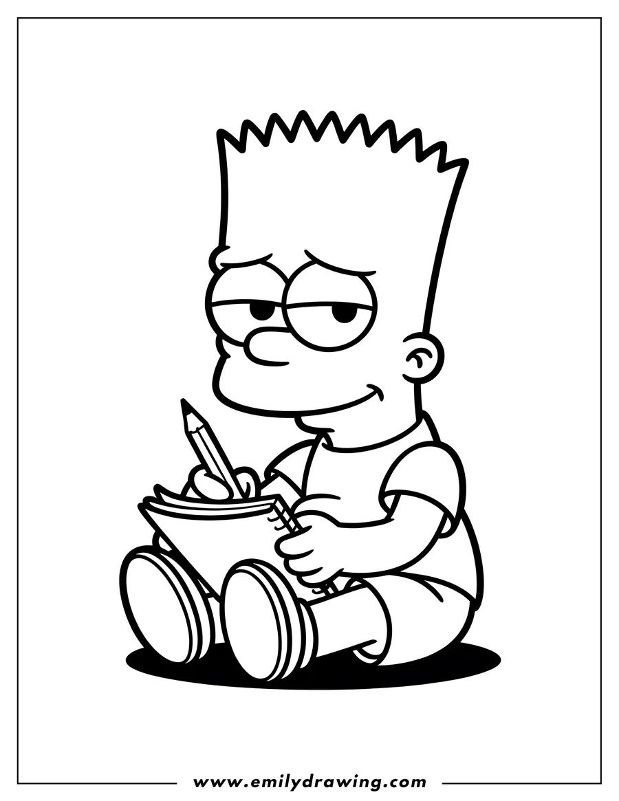 Line art of Bart Simpson from The Simpsons sitting with a notebook and pencil, seemingly writing.