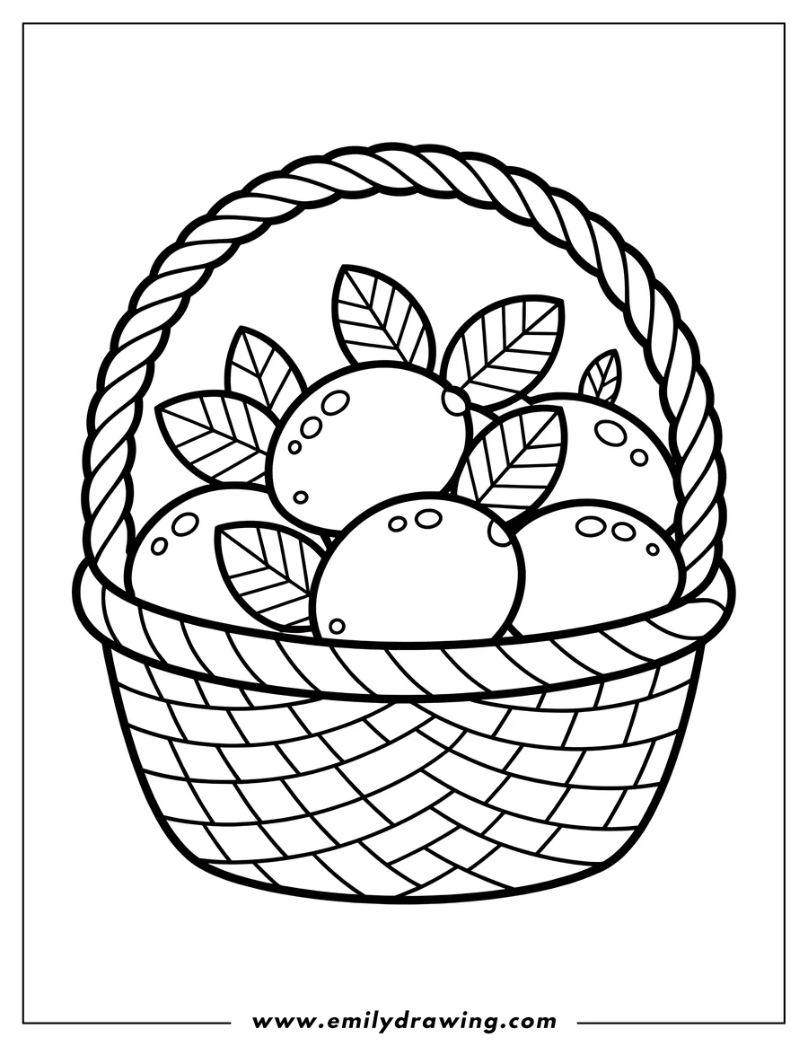 Outline of several lemons with leaves nestled in a woven basket. Perfect for a refreshing coloring activity.