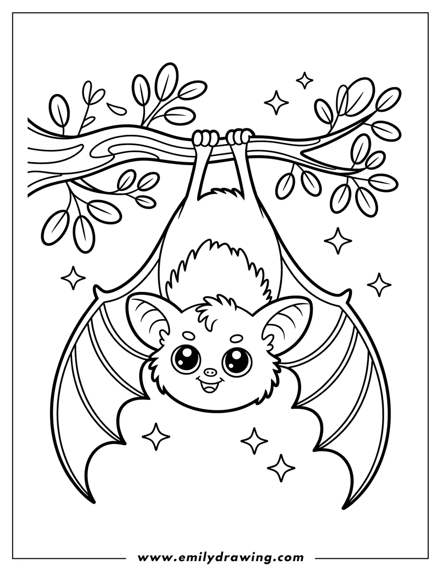 Outline of a happy bat hanging upside down from a tree branch with leaves and little sparkling stars around it.