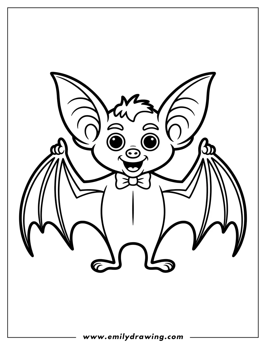 Line art of a friendly bat wearing a bow tie, wings outstretched.