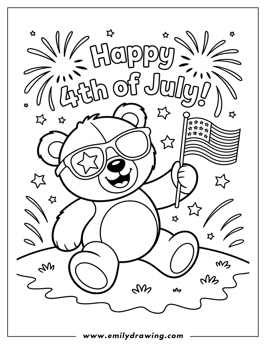 Line art of a bear wearing star-shaped sunglasses and holding a small American flag, with fireworks and stars in the background.