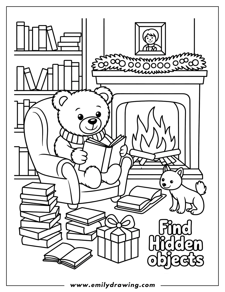 Line art of a bear sitting in an armchair reading a book by a fireplace, with a dog sitting nearby and a bookshelf in the background.