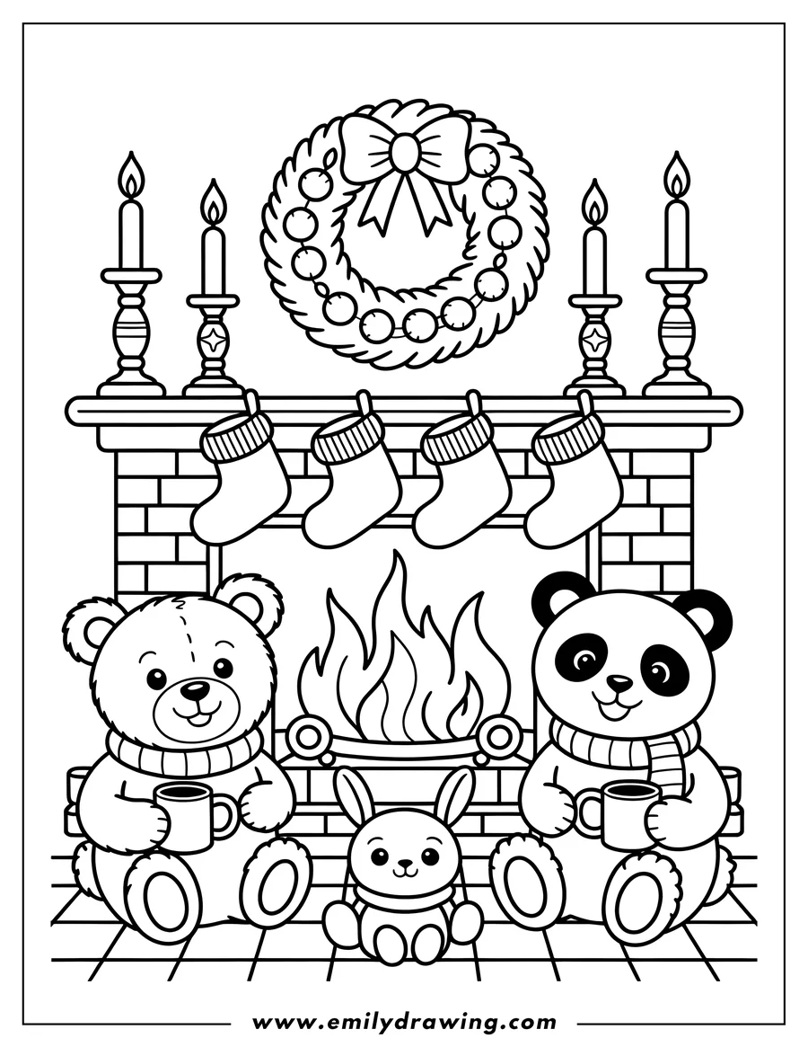 Outline of a bear and a panda sitting by a fireplace, each holding a mug and wearing a scarf. A small bunny sits between them, and Christmas stockings hang from the mantelpiece above the fireplace.