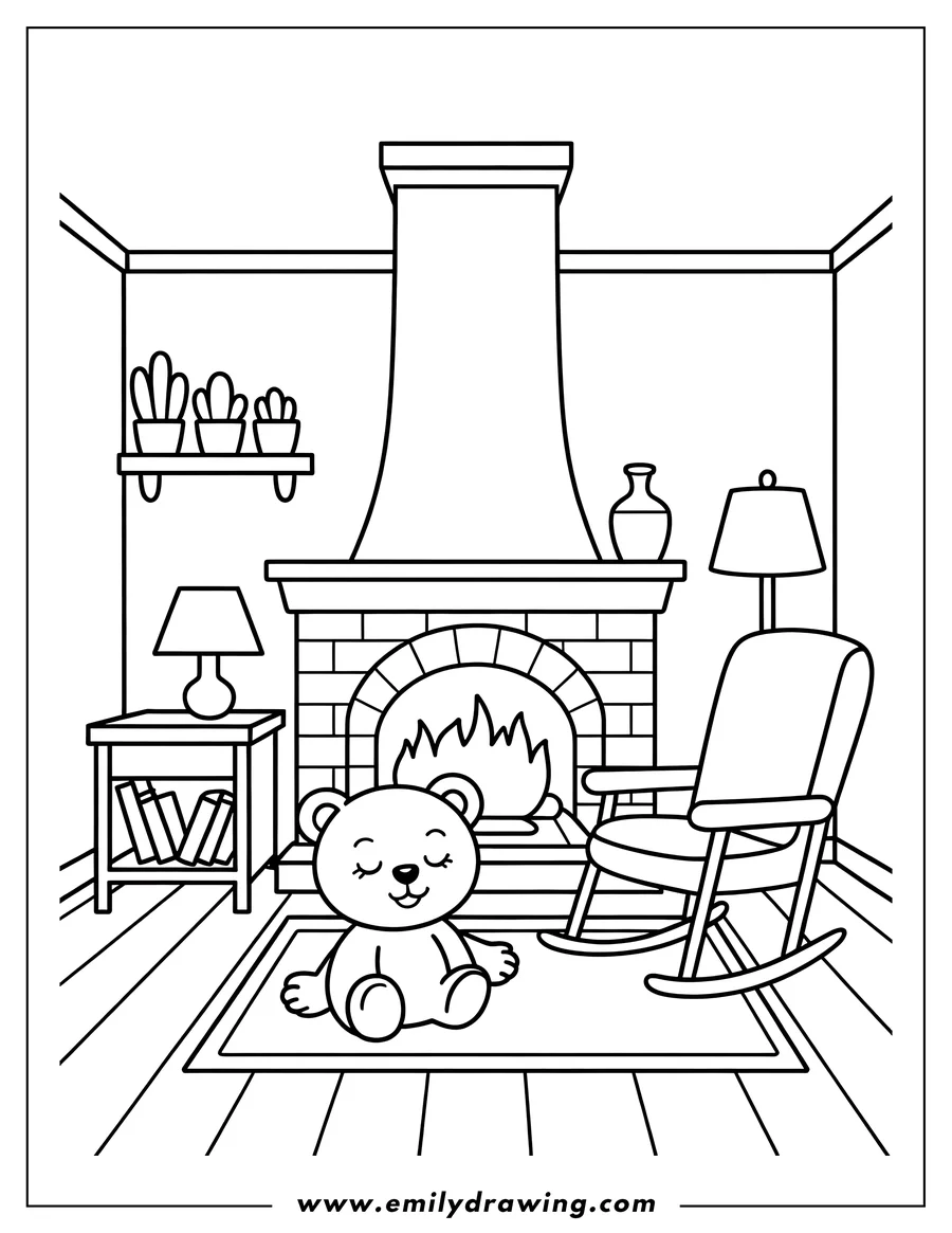 Outline of a bear sitting on a rug in front of a fireplace. A rocking chair, small tables with lamps and books, and potted plants complete the cozy room scene.