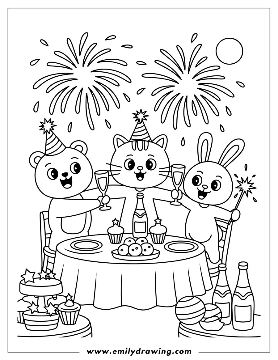 Line art of a bear, cat, and rabbit celebrating at a New Year's party table with treats and drinks, under exploding fireworks.