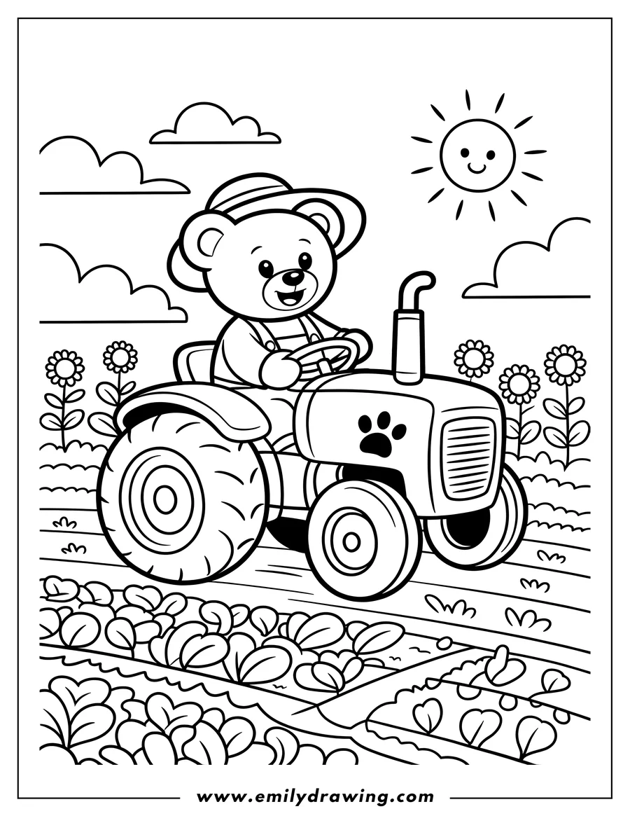 Outline of a smiling bear driving a tractor on a farm with flowers and a smiling sun in the background.